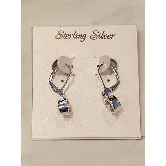 Sterling Silver Leverback Earrings With Round Champagne CZ Drop - Picture 2 of 5